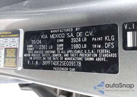 2025 Kia K4 Lxs из США, поврежденный, VIN 3KPFT4DE2SE039178